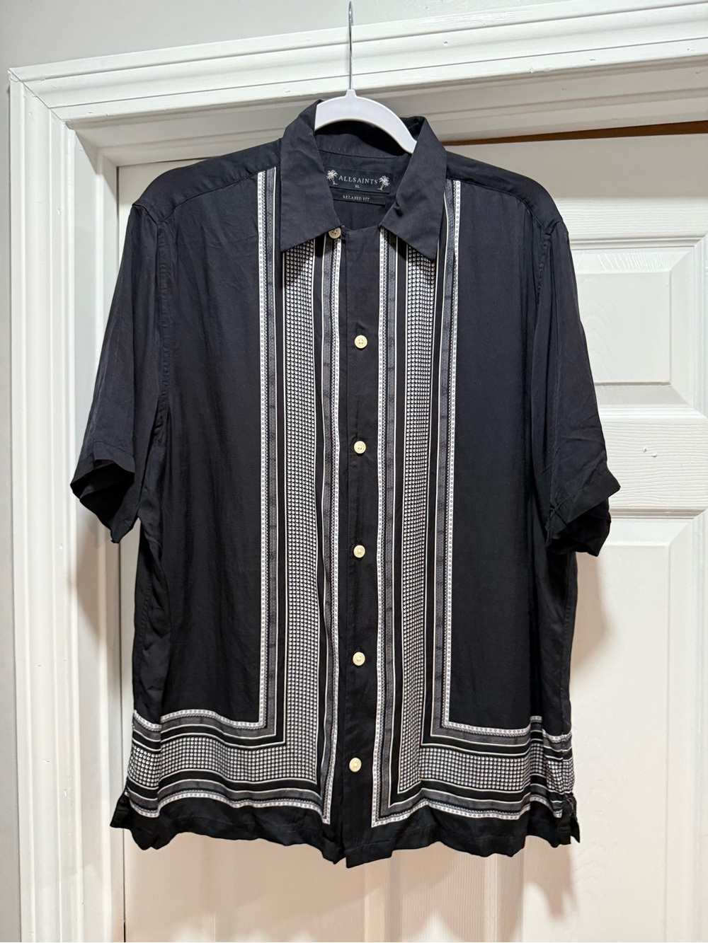 All Saints Black Short-Sleeve Button-Down with White Geometric Trim
